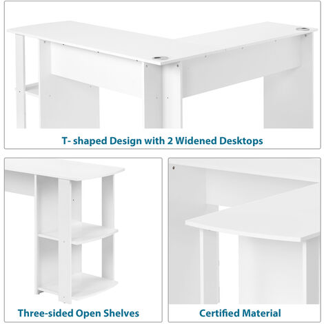 Corner Desk L-Shaped Computer Desk with 2-Tier Shelves, Workstation Gaming Desk Home Office Desk, White