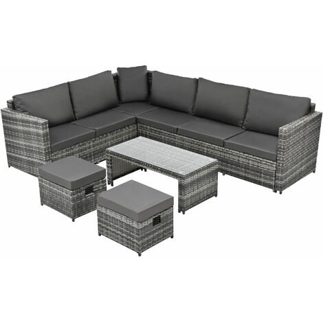 Rattan Garden Furniture Set 8 Seater Rattan Sofa Patio Garden Corner Sofa Set Garden Lounge with Coffee table & 2 stools