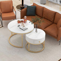 Set of 2 Round Coffee Tables with drawers, Set of 2 End Table, Gold Metal Frame Legs, and Marble Pattern Top for Living Room - White