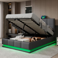 Ottoman Storage Bed with LED, PU Faux Leather Upholstered Bed Frame with Gas Lift Large Storage, 4ft6, for Bedroom Furniture, Grey