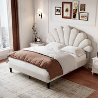 4ft6 Double Upholstered Velvet Bed Frame, with Adjustable Petal Headboard, Velvet, 135x190cm, Beige
