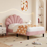 3ft Single Upholstered Velvet Bed Frame, with Adjustable Petal Headboard, Velvet, pink