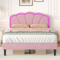 4ft6 Double Upholstered Bed with LED Adjustable Shell Shape Headboard, Soft Velvet Bed Frame with Solid Wood Slat, No Box Spring Needed, Pink, 135x190cm (No Mattress)