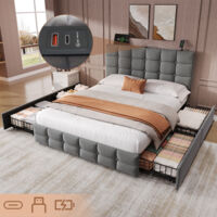 4ft6 Double Upholstered Bed with 4 Storage Drawers, Velvet Bed Frame with USB and Type - C Ports, No Box Spring Needed, Beige (No Mattress)