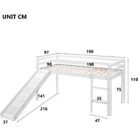Cabin Bed Children's Loft Bed Frame 190x90cm with Slide & Ladder Bunk Bed for Kids with Adjustable Ladder and Slide, White
