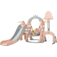 5 in 1 Kids Slide Set Climber and Swing Set Multifunctional Kids Toy with Removable Basketball Hoop, Football Goal, Indoor/Outdoor Playset, Pink