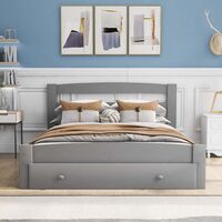 4ft6 Double Bed Frame Wooden Bed with Drawer Grey