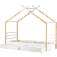 3 FT Single Bed Frame Kid House Bed with Storage Two Drawers Tree House Solid Pine Wood 90x190 cm White and Natural