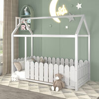 House Bed Kids Bed Frame Solid Wood 90x190 cm with Barrier White