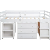 Cabin Bed 3FT Children's Loft Bed Frame Solid Wood, High Sleeper with Three drawers & Desk & Storage Shelves, White