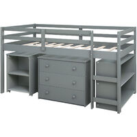 Cabin Bed 3FT Children's Loft Bed Frame Solid Wood, High Sleeper with Three drawers & Desk & Storage Shelves, Grey