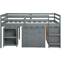 Cabin Bed 3FT Children's Loft Bed Frame Solid Wood, High Sleeper with Three drawers & Desk & Storage Shelves, Grey
