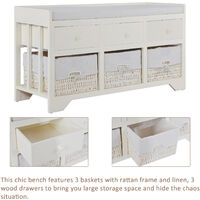 Storage Bench Cabinet Entryway Bench Shoe Bench with 3 drawers, 3 storage baskets and cushion seat White