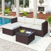Rattan Garden Furniture Set 4-Seater Outdoor Rattan Furniture Set Garden Lounge Set Outdoor Corner Sofa with Glass Top Coffe Table & Cushions - Brown