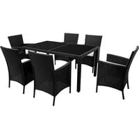 Rattan Garden Furniture Set 7 pcs Garden Dining Table and 6 Chairs Outdoor Dining Set 6 Seater with Rectangular Glass Top Table, Black