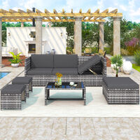 Rattan Garden Furniture Set 6 Seater Rattan Sofa Set, Outdoor Sun Lounger with adjustable angle, Glass Top Coffee Table