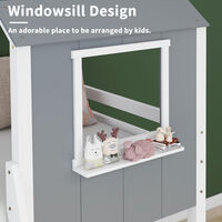 Cabin Bed Loft Bed Frame Mid-Sleeper with Treehouse Canopy & Ladder, Solid Wood Frame, Grey & White
