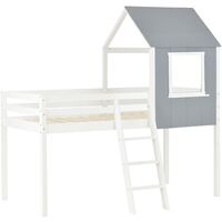 Cabin Bed Loft Bed Frame Mid-Sleeper with Treehouse Canopy & Ladder, Solid Wood Frame, Grey & White