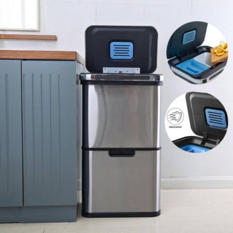 Poubelle de tri à 4 compartiments - 60L - ouverture automatique - Inox SS304 - Piles ou batterie - Beyond Blue