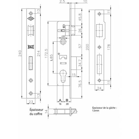 Serrure de portail à larder trou inox de cylindre européen i axe a 20mm + gâche