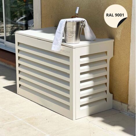 Cache climatiseur extérieur en aluminium beige RAL9001 – Dimensions L 110 x H 80 x P 55 cm – Design vénitien moderne et résistant aux intempéries