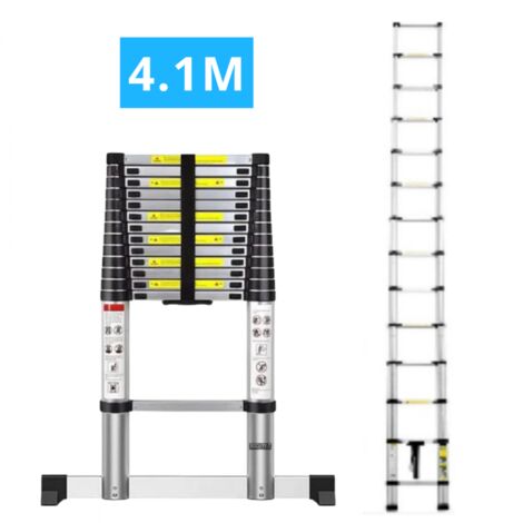 Secury-T – Échelle télescopique aluminium 14 marches H 4,1m – Barre stabilisatrice – Antidérapante pour sécurité – Charge max 150 kg (1/4)