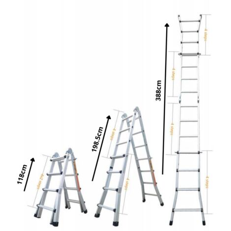 Secury-T – Échelle articulée télescopique pliante aluminium 4x4 marches 3,88m – Charge max 150 kg – Pieds anti-dérapants – Norme EN-131