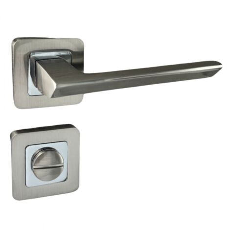 Secury-T – Poignées de porte chromées satinées sur rosace carrée – Modèle Morgan à condamnation – Zamac – Dimensions rosaces 51x51mm – Poids 0,744kg (1/5)