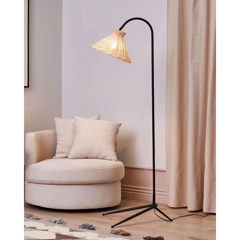 hooyi Arc Floor Lamp for Living Room,Rattan Boho Floor Lamp with Rattan& Linen D
