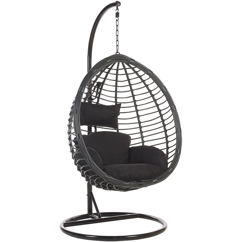 Boho Black Rattan Hanging Chair with Base Indoor-Outdoor Wicker Egg Shape  Tollo