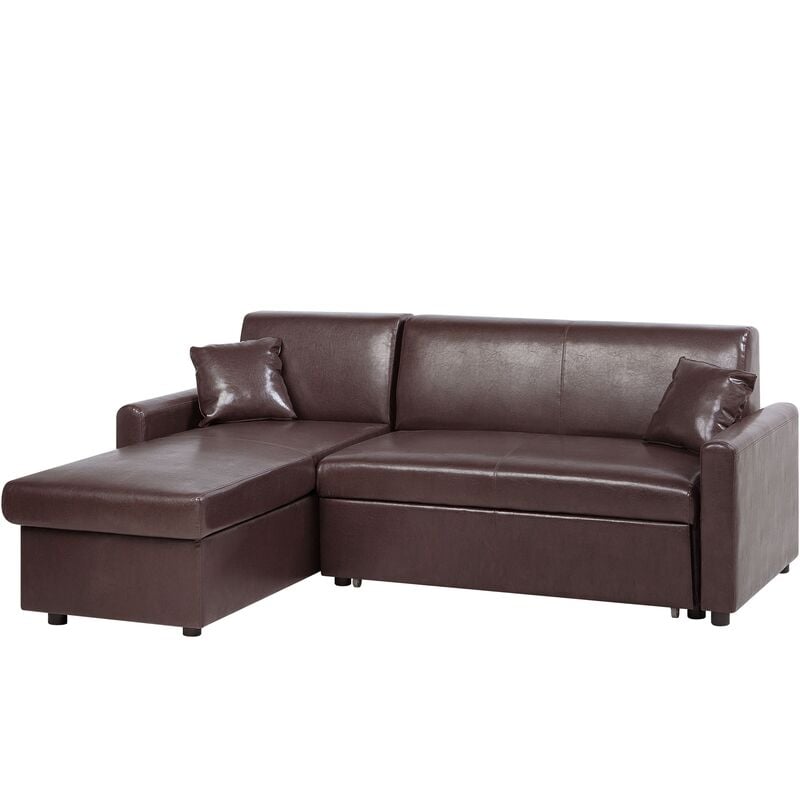 Traditional Faux Leather Dark Brown Right Hand Corner Sofa Bed Storage Ogna Corner Sofa Bed Storage Ogna Brown, Real Leather Corner Sofa Bed With Storage