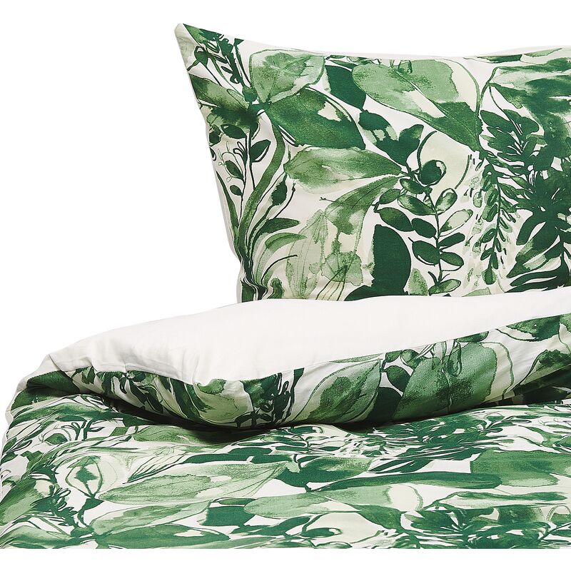 Modern Duvet Cover Set Cotton 135 x 200 cm Leaf Print Green and White  Greenwood