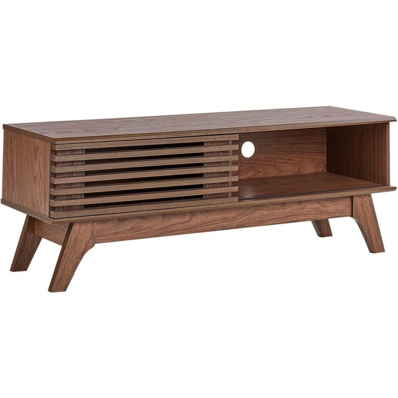 One Door TV Unit Television Stand Entertainment Cabinet Slatted Design  Walnut Wood Grain Effect