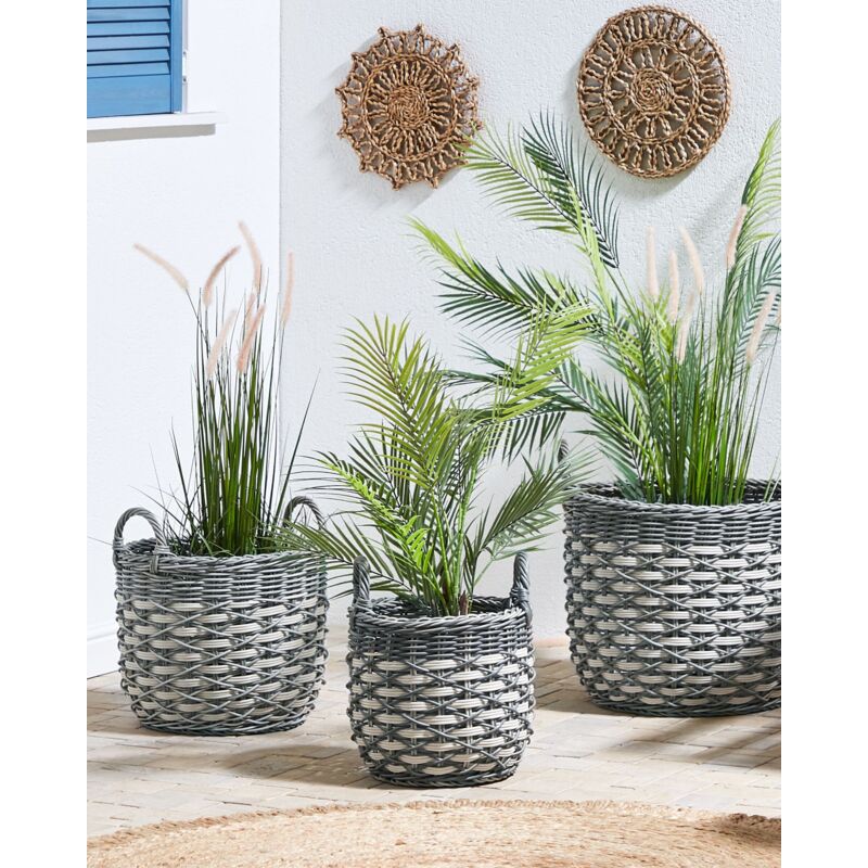 Set of 3 Outdoor Plant Baskets Planter Pots Lining PE Rattan Grey
