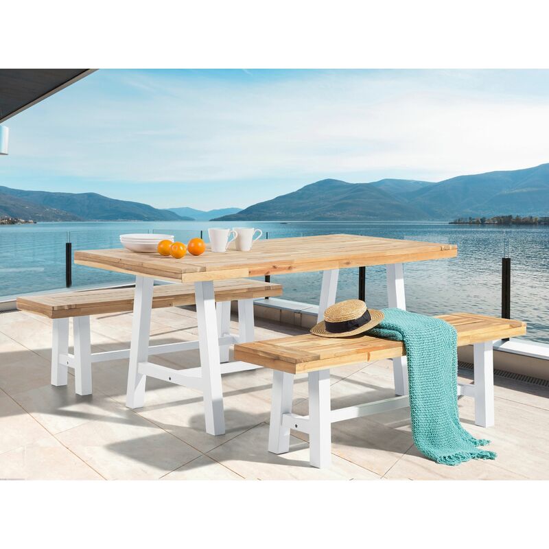Scandinavian Indoor Outdoor Light Acacia Wood Garden Table White Legs Scania