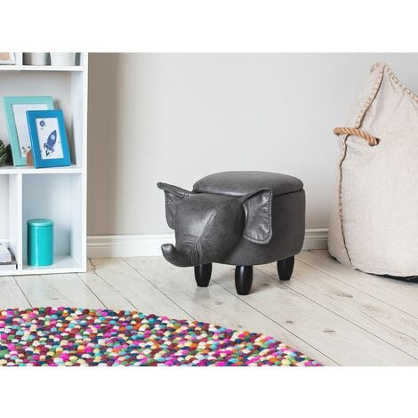 Modern Faux Leather Stool Storage Solid Wood Animal Dark Grey Elephant