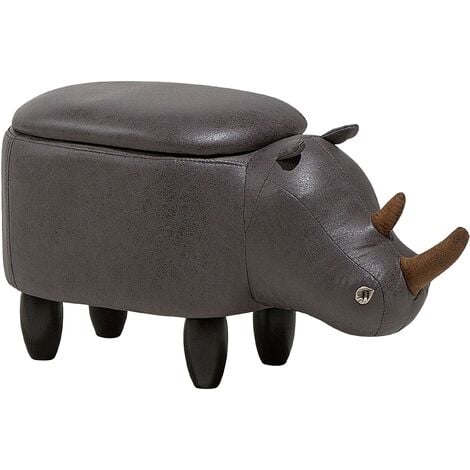 Modern Faux Leather Stool Upholstery Storage Solid Wood Animal Dark Grey Rhino