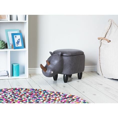 Modern Faux Leather Stool Upholstery Storage Solid Wood Animal Dark Grey Rhino