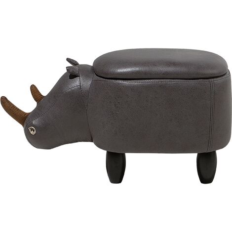Modern Faux Leather Stool Upholstery Storage Solid Wood Animal Dark Grey Rhino