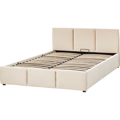 Modern Upholstered Ottoman Storage Bed EU Double Size Velvet Light Beige Bousse