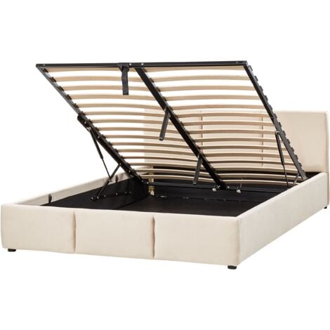 Modern Upholstered Ottoman Storage Bed EU King Size Velvet Light Beige Bousse