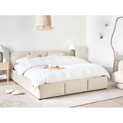 Modern Upholstered Ottoman Storage Bed EU King Size Velvet Light Beige Bousse