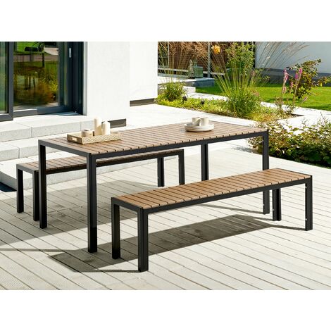 Modern Garden Dining Set Table 2 Benches Aluminium Light Wood and Black ...