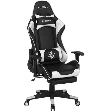 Gaming Chair Ergonomic Footrest Adjustable Armrests Black and White Victory