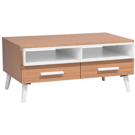 Modern Coffee Table Light Wood Solid Wood Legs Shelves Drawers Storage ...