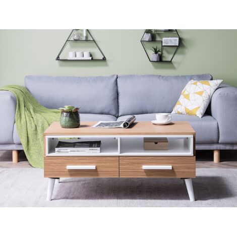 Modern Coffee Table Light Wood Solid Wood Legs Shelves Drawers Storage ...