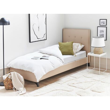 Modern Fabric EU Single Size Bed Frame 3ft Tufted Headboard Beige Ambassador