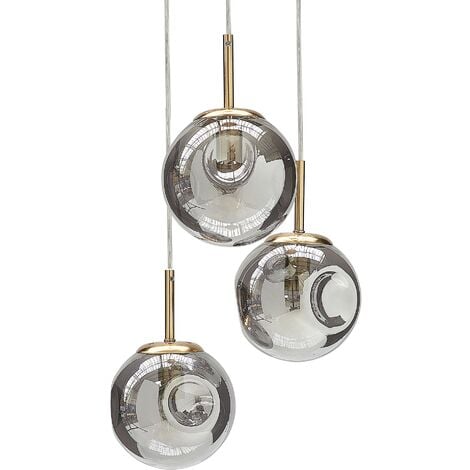 Hanging Pendant Lamp Round Shades Semi Transparent Smoked Glass 3 Light Metal Brass Shade Rafles