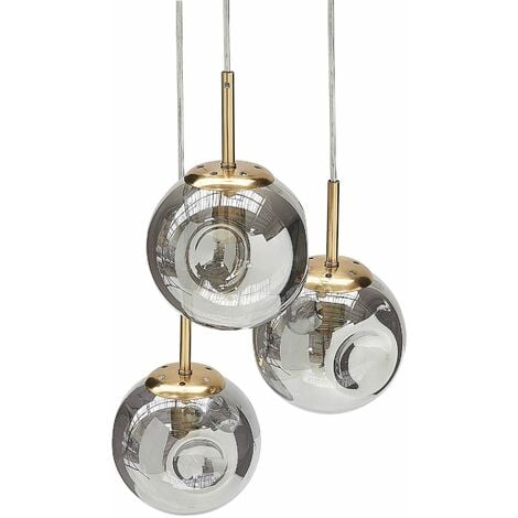 Hanging Pendant Lamp Round Shades Semi Transparent Smoked Glass 3 Light Metal Brass Shade Rafles