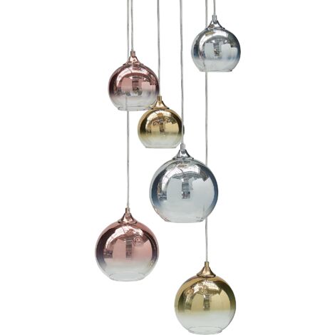 Hanging Pendant Lamp Round Shades Semi Transparent Smoked Glass 6 Light Metal Multicolour Brass Copper Silver Tooma